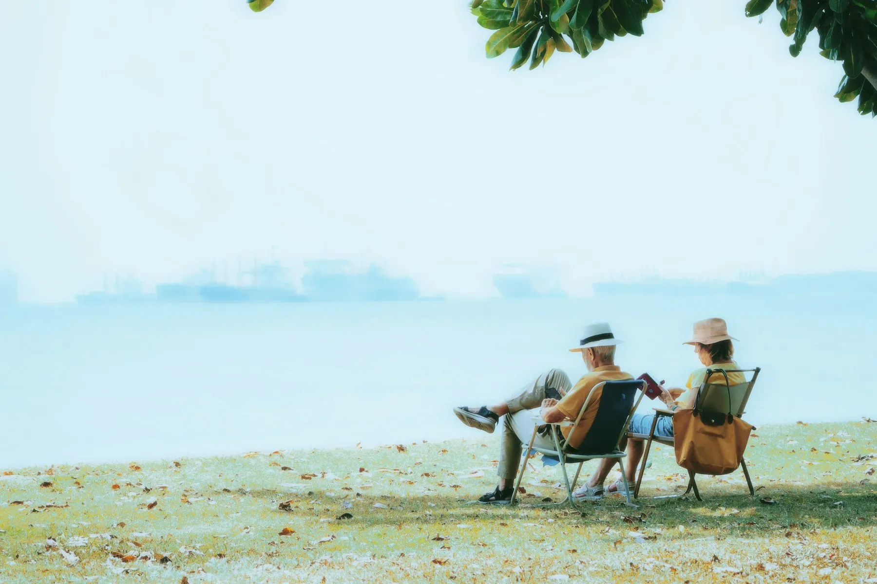Two people relaxing in folding chairs beside the sea
